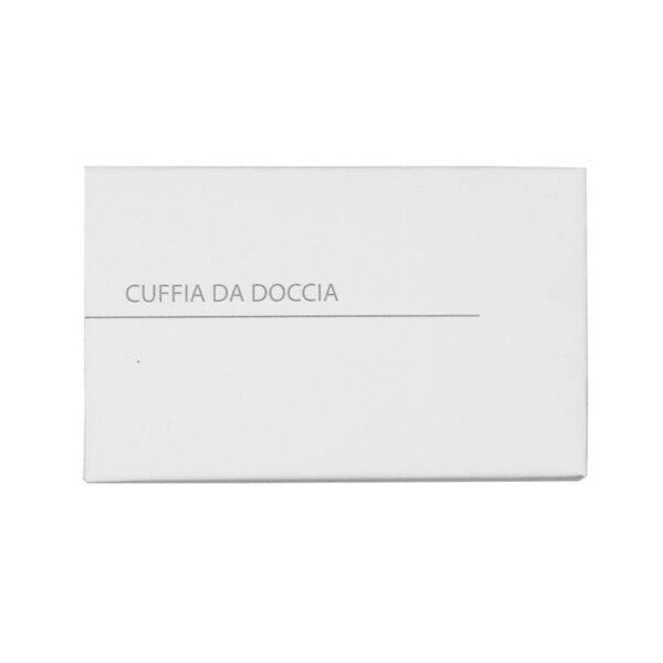 Cuffia da doccia per hotel Lux white in scatola pratica ed elegantissima, utile per proteggere i capelli sotto la doccia o in vasca da bagno.