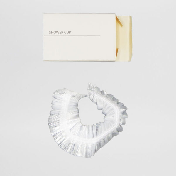 Cuffia da doccia per hotel Lux white in scatola pratica ed elegantissima, utile per proteggere i capelli sotto la doccia o in vasca da bagno.